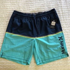 Hurley Volley Swim Shorts-Drk Blue/Turquoise/Lime/Grey stripe in center. NWT MED